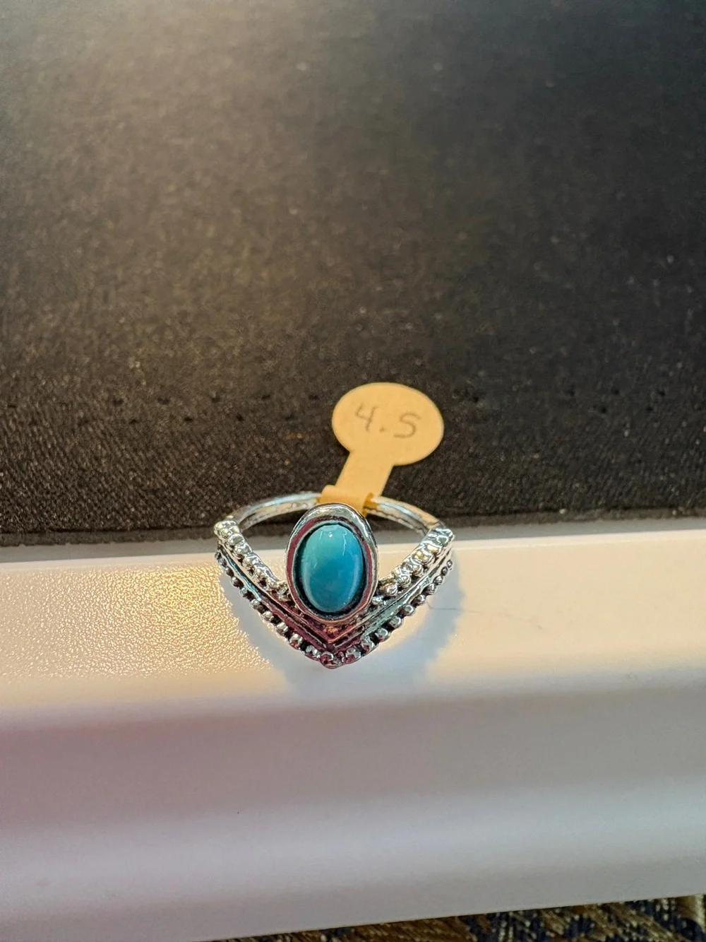 Silver Tone Ring with Turquoise Oval Stone - Size 4.5